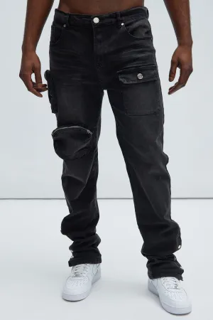 3D Pocket Slim Convertible Snap Flare Jeans - Black Wash