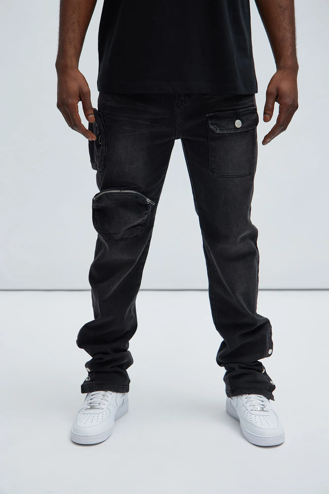 3D Pocket Slim Convertible Snap Flare Jeans - Black Wash