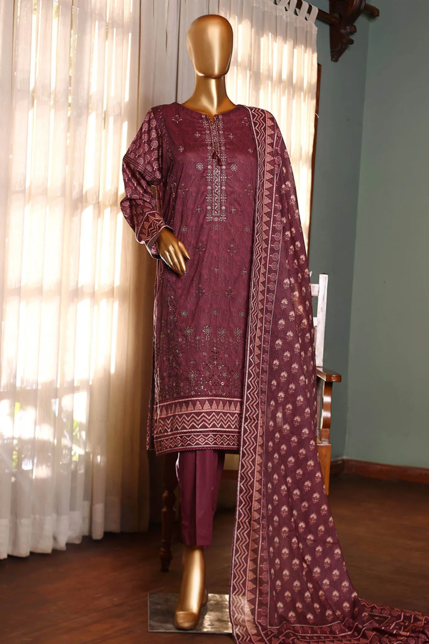 Aashkar By HZ Stitched 3 Piece Printed & Emb Lawn Vol-02 Collection'2024-PEL-410-Maroon