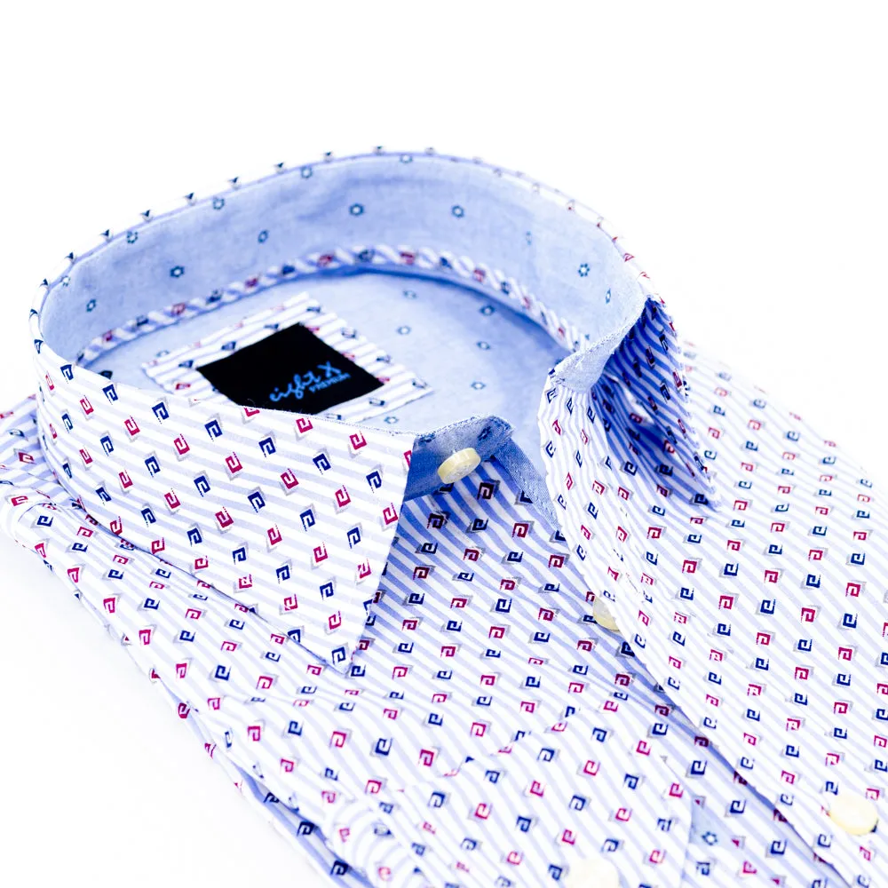 Button Down Print Shirt W/Jacquard Trim