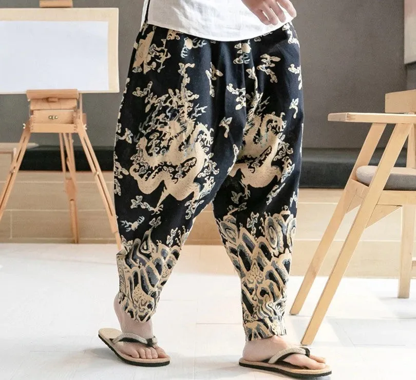 Chinese Dragon Print Wide Leg Japanese Streetwear Style Men Joggers Pants