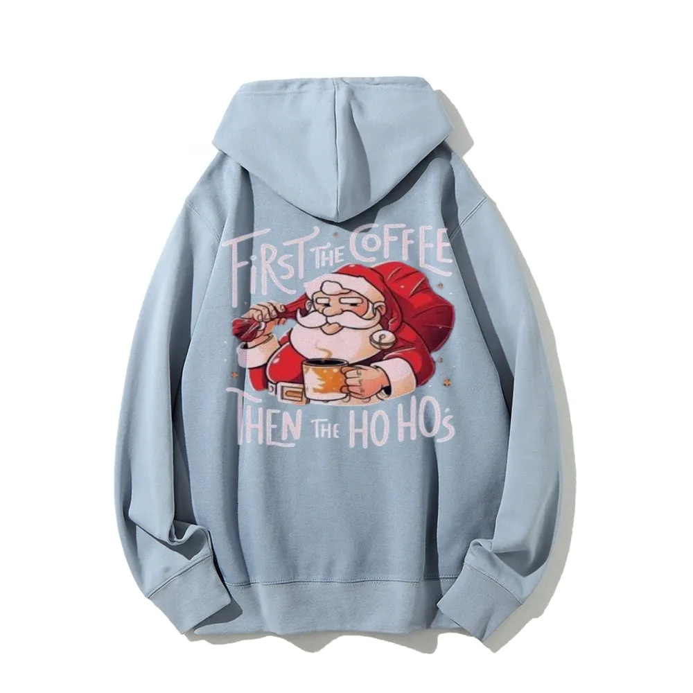 Christmas Santa Claus With Coffee Cheer Graphic Pullover With Kangaroo Pocket Hoodies