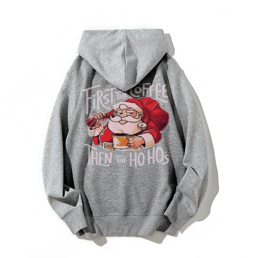 Christmas Santa Claus With Coffee Cheer Graphic Pullover With Kangaroo Pocket Hoodies