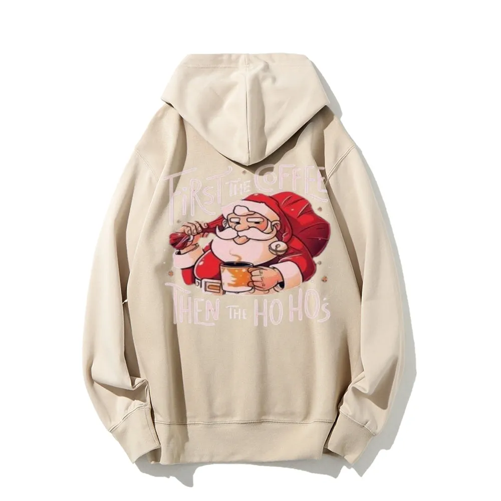 Christmas Santa Claus With Coffee Cheer Graphic Pullover With Kangaroo Pocket Hoodies