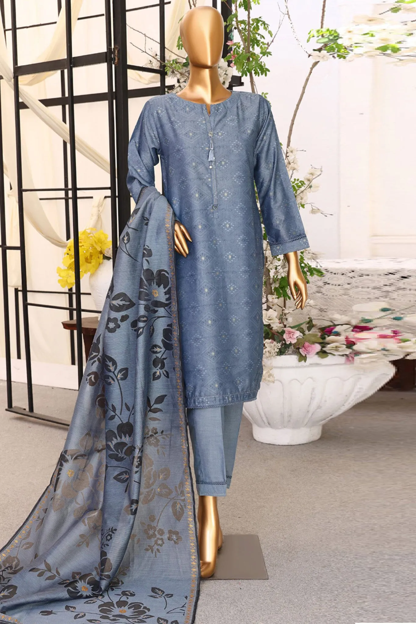 Damask By HZ Stitched 3 Piece Jacquard Lawn Collection'2024-DJL-404-Azure