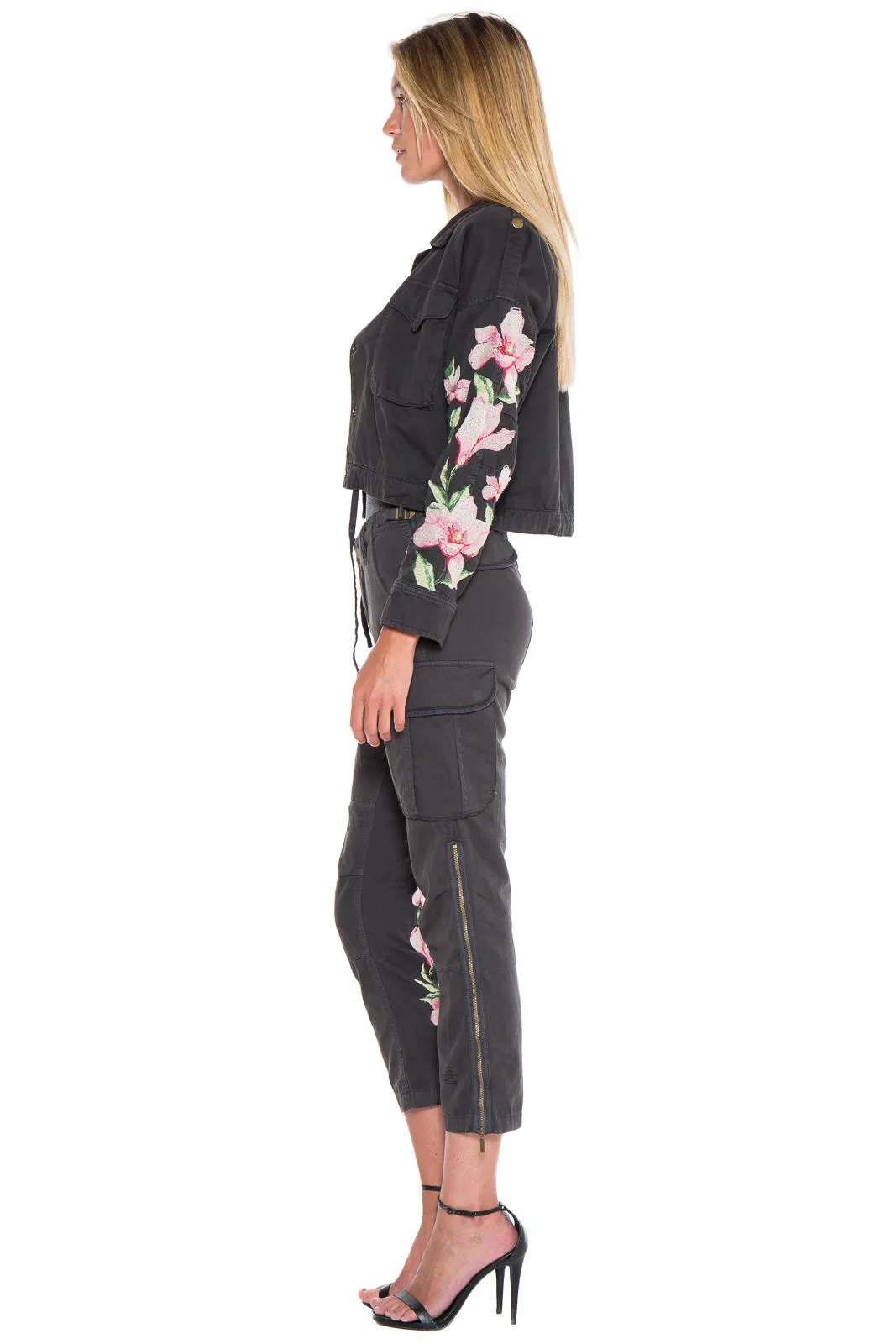 Embellished crop jacket with embroidery in Black