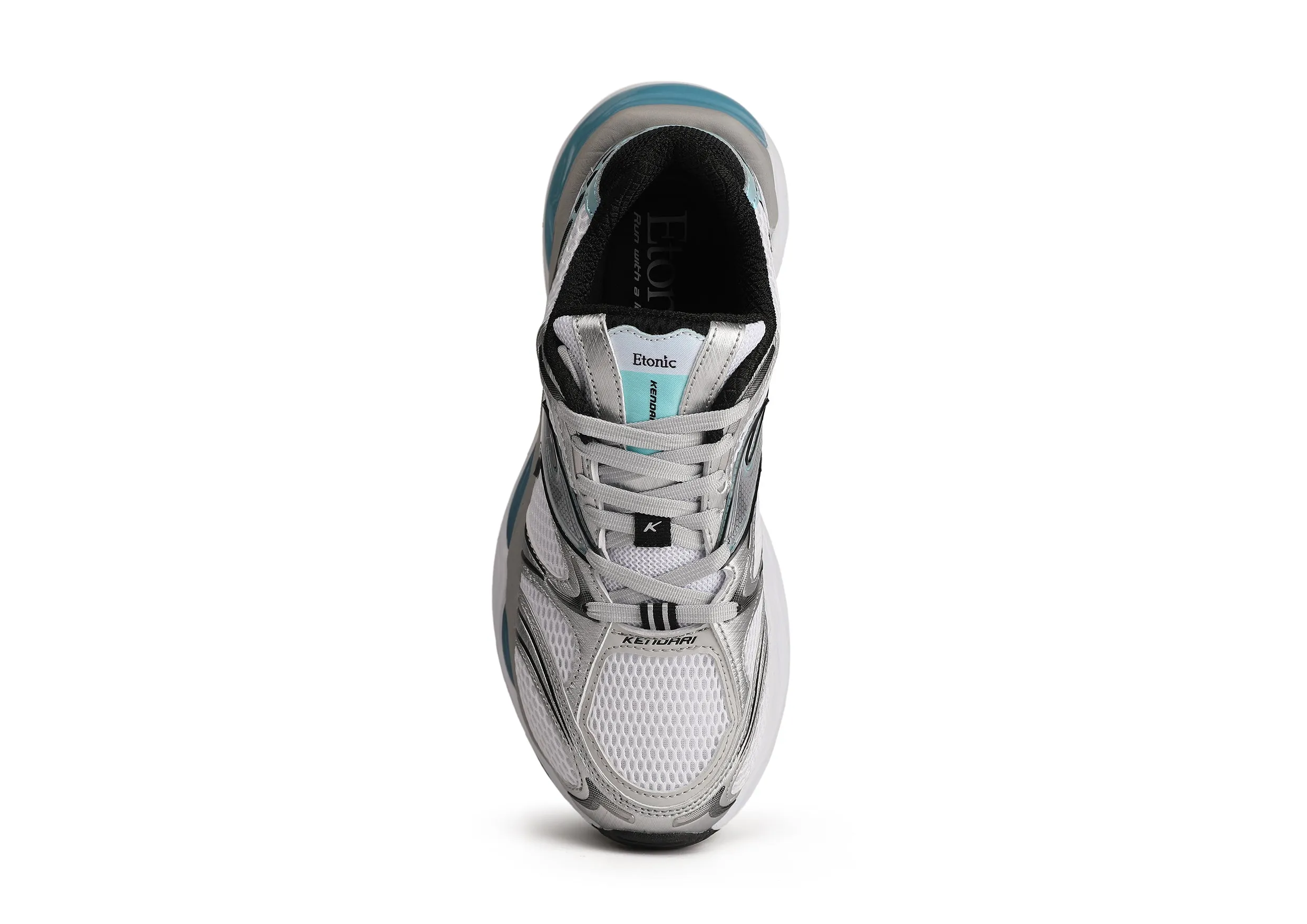 Etonic Kendari 3.0 sneakers in matte silver leather, white mesh and turquoise inserts and details.