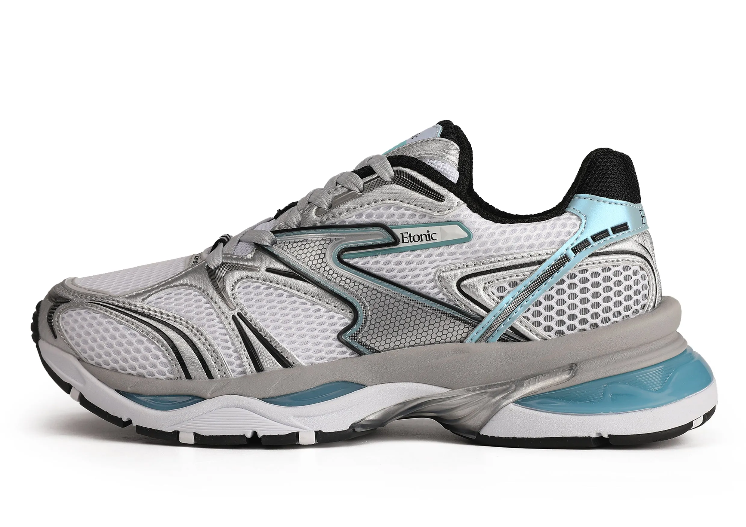 Etonic Kendari 3.0 sneakers in matte silver leather, white mesh and turquoise inserts and details.