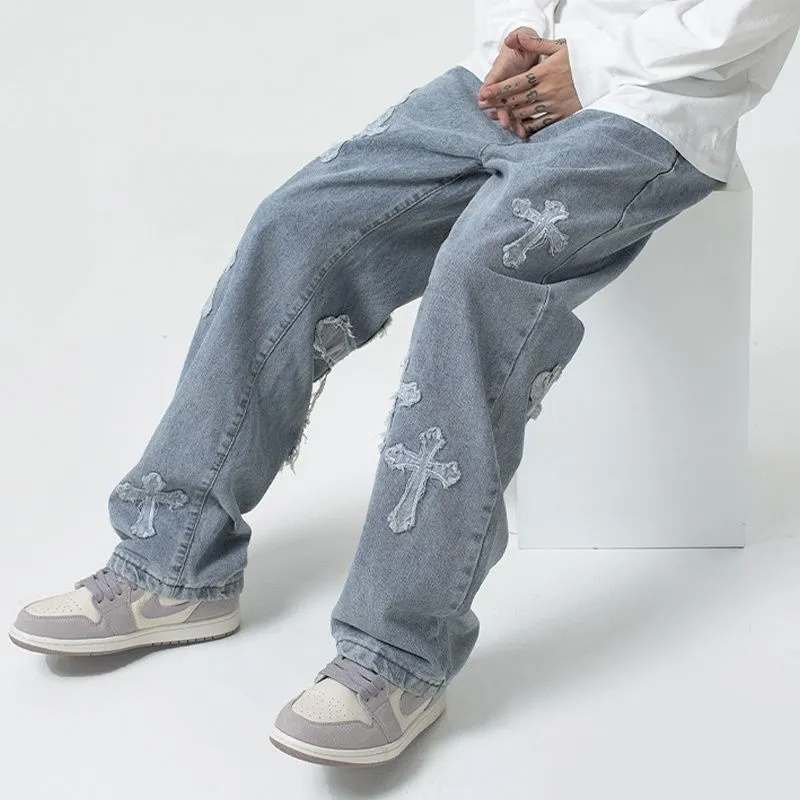 European and American High Street Ins Cross Patch Hip Hop Jeans Men's Pu Shuai Fried Street Straight Loose-Fitting Wide-Leg Trousers