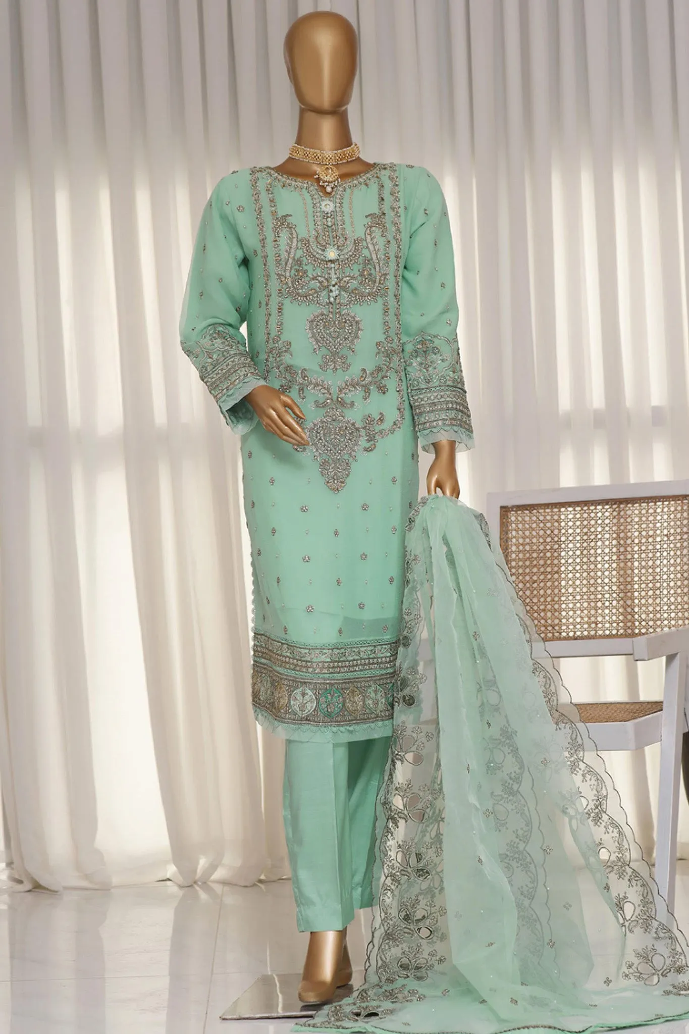 Fasaane By HZ Stitched 3 Piece Formals Chiffon Vol-05 Collection'2024-HZK-172-Aqua