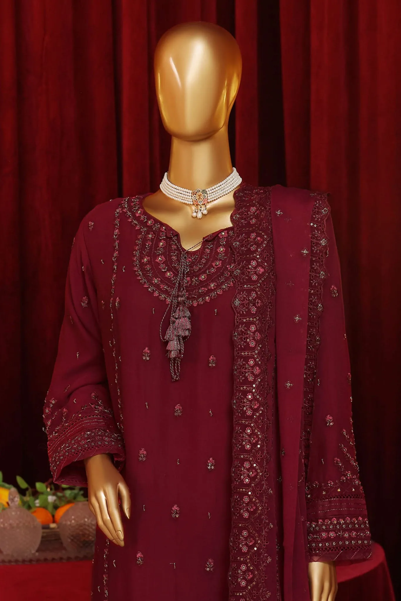 Fasaane By HZ Stitched 3 Piece Formals Chiffon Vol-07 Collection'2024-HZK-187-Maroon