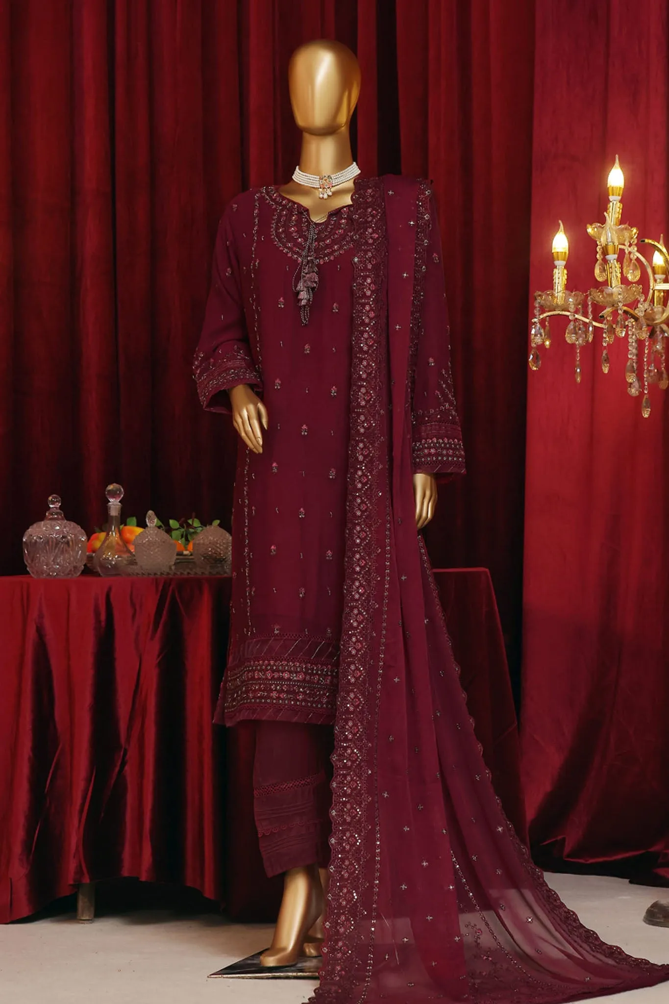 Fasaane By HZ Stitched 3 Piece Formals Chiffon Vol-07 Collection'2024-HZK-187-Maroon