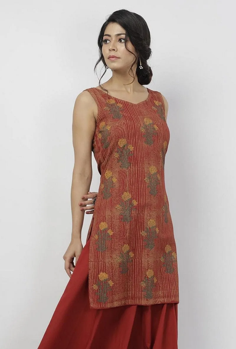 Gerua Maroon Floral Hand-Block Printed sleeveless Cotton Short Kurta