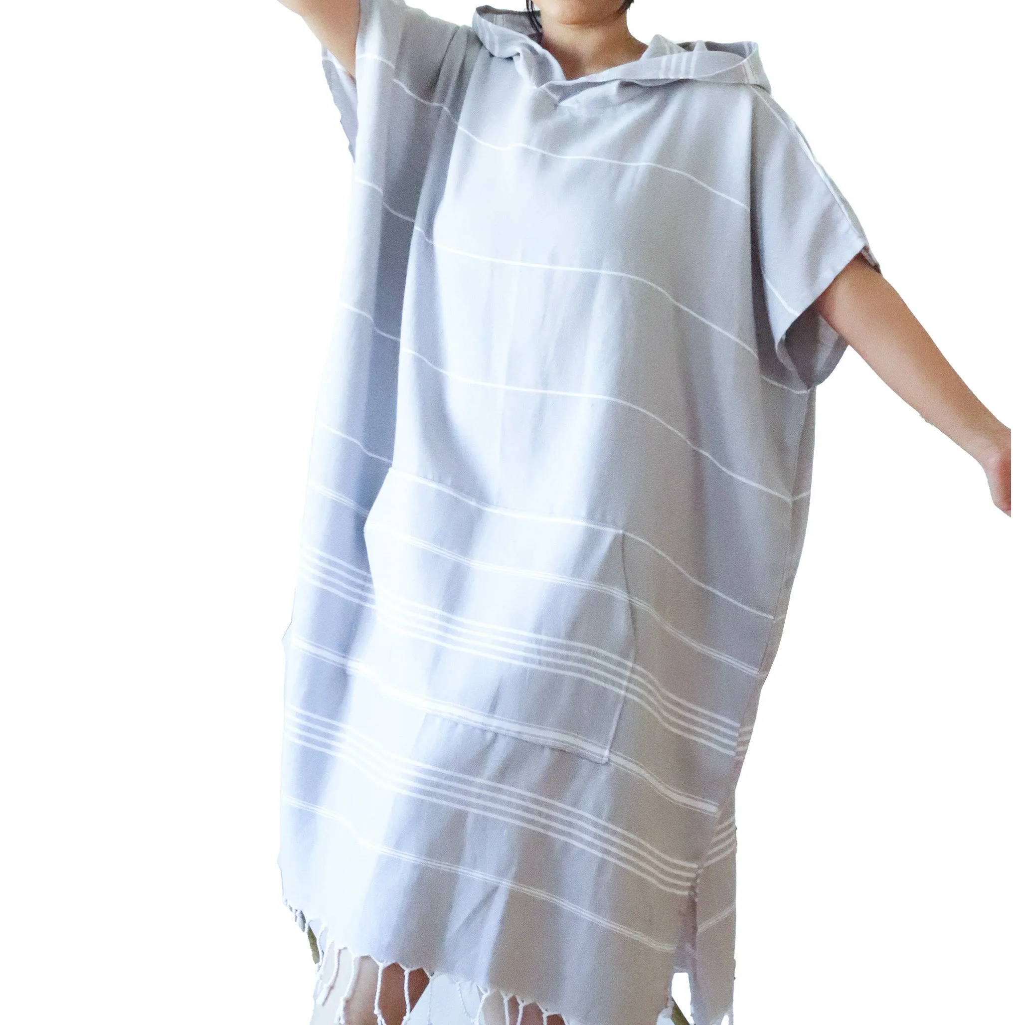 Hand Woven Turkish Towel Hooded Poncho Grey