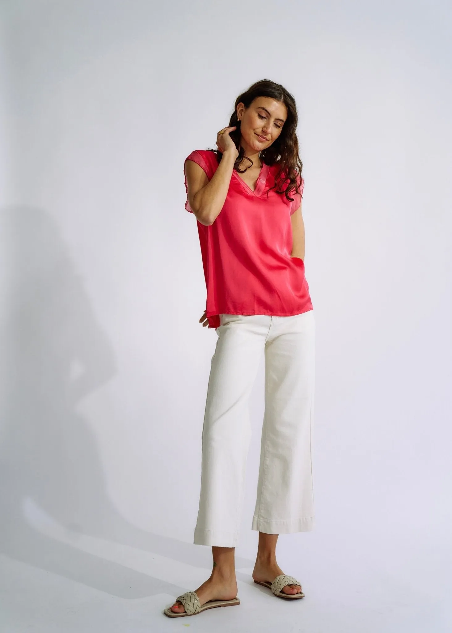 Italian Satin V Neck tee with Silk Trims in Strawberry