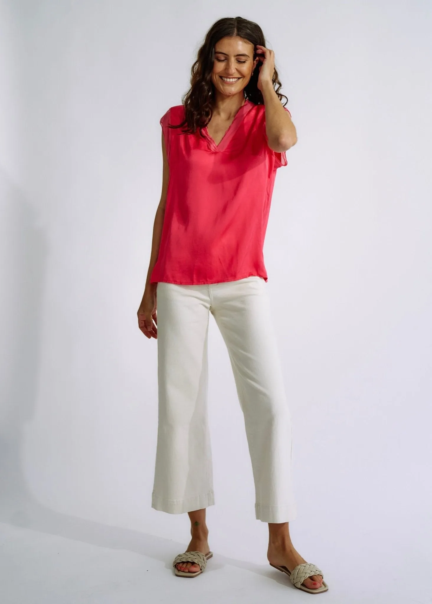 Italian Satin V Neck tee with Silk Trims in Strawberry