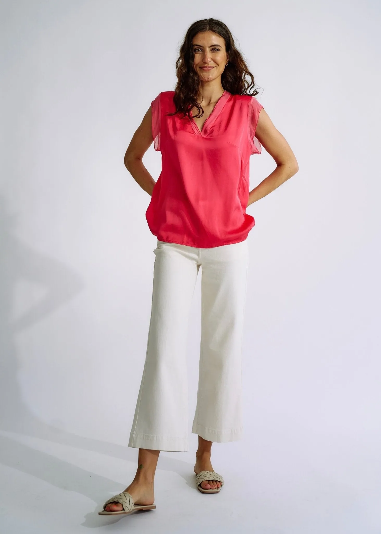 Italian Satin V Neck tee with Silk Trims in Strawberry