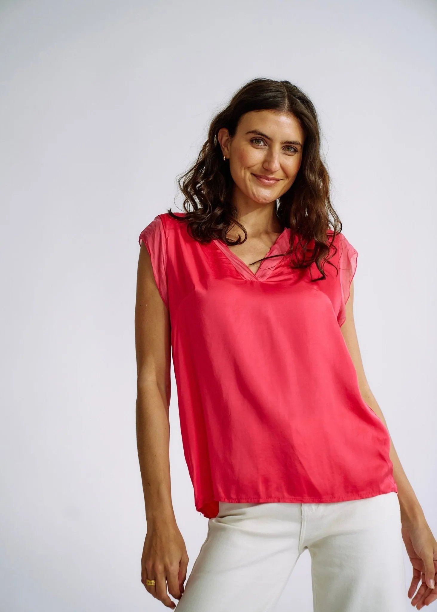 Italian Satin V Neck tee with Silk Trims in Strawberry