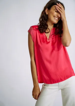 Italian Satin V Neck tee with Silk Trims in Strawberry