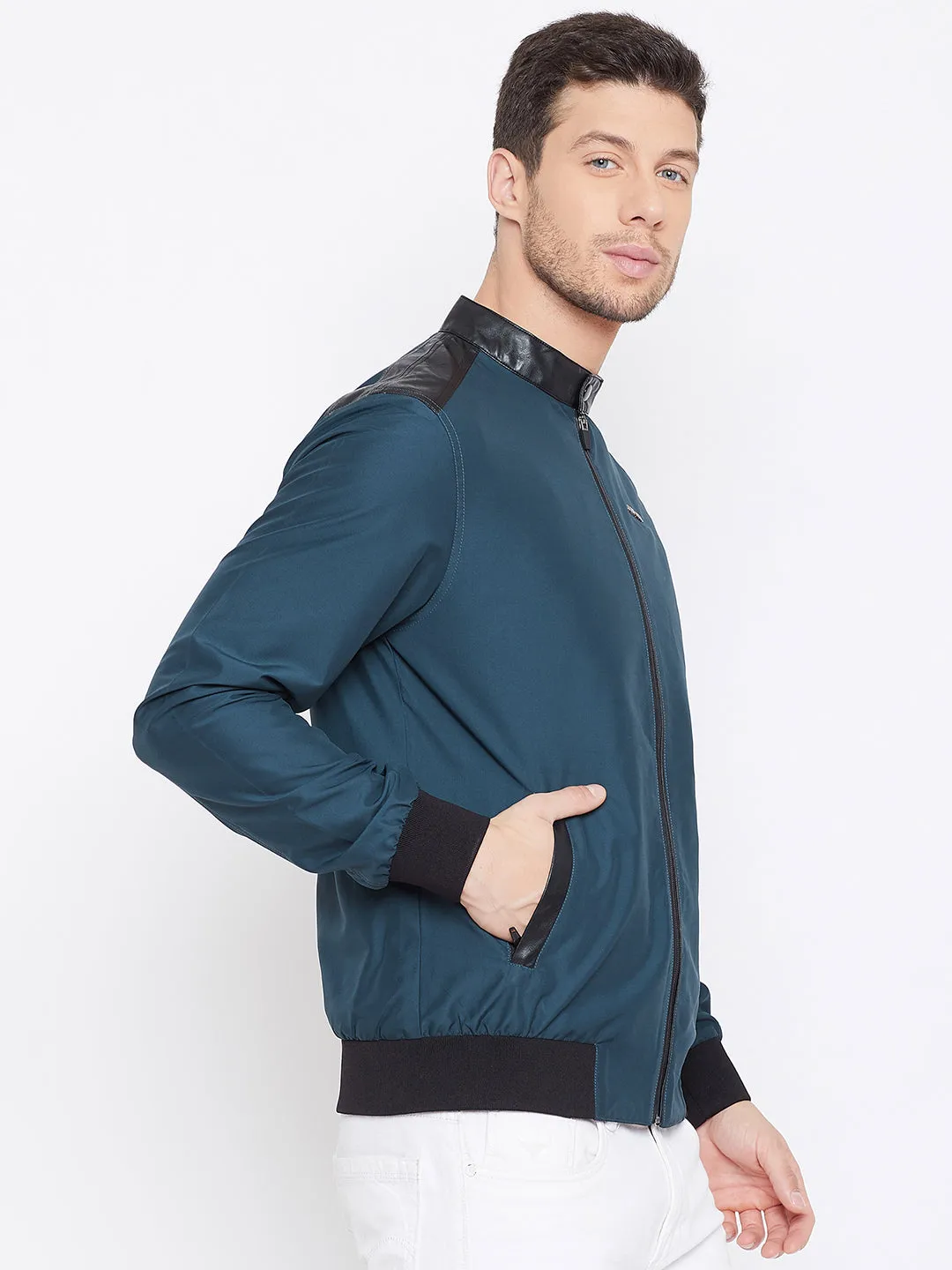 JUMP USA Men Teal Solid Casual Bomber Jacket