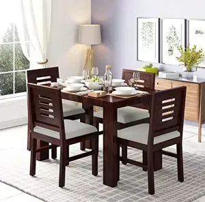 KARNI FURNITURE Sheesham Wood 4 Seater Dining Table Set for Home Hall || Solid Wood Dining Table with 4 Cushion Chairs for Hotels || Dining Room Sets (Walnut Finish)