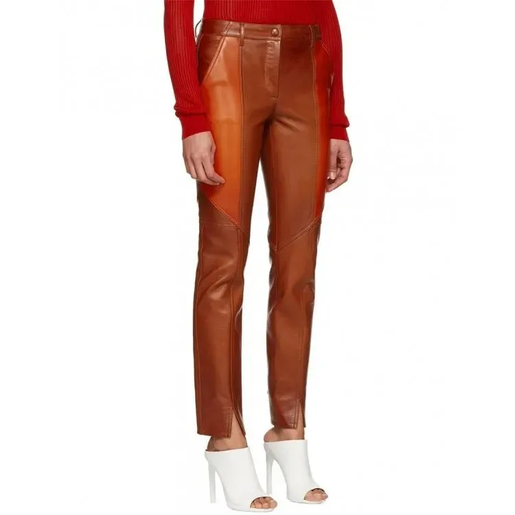 Ladies Slim Fit Paneled Orange Lambskin Leather Pants