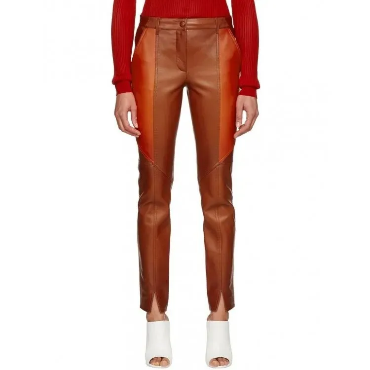 Ladies Slim Fit Paneled Orange Lambskin Leather Pants