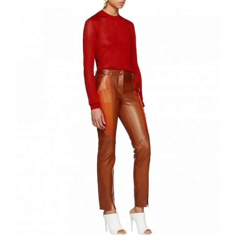 Ladies Slim Fit Paneled Orange Lambskin Leather Pants