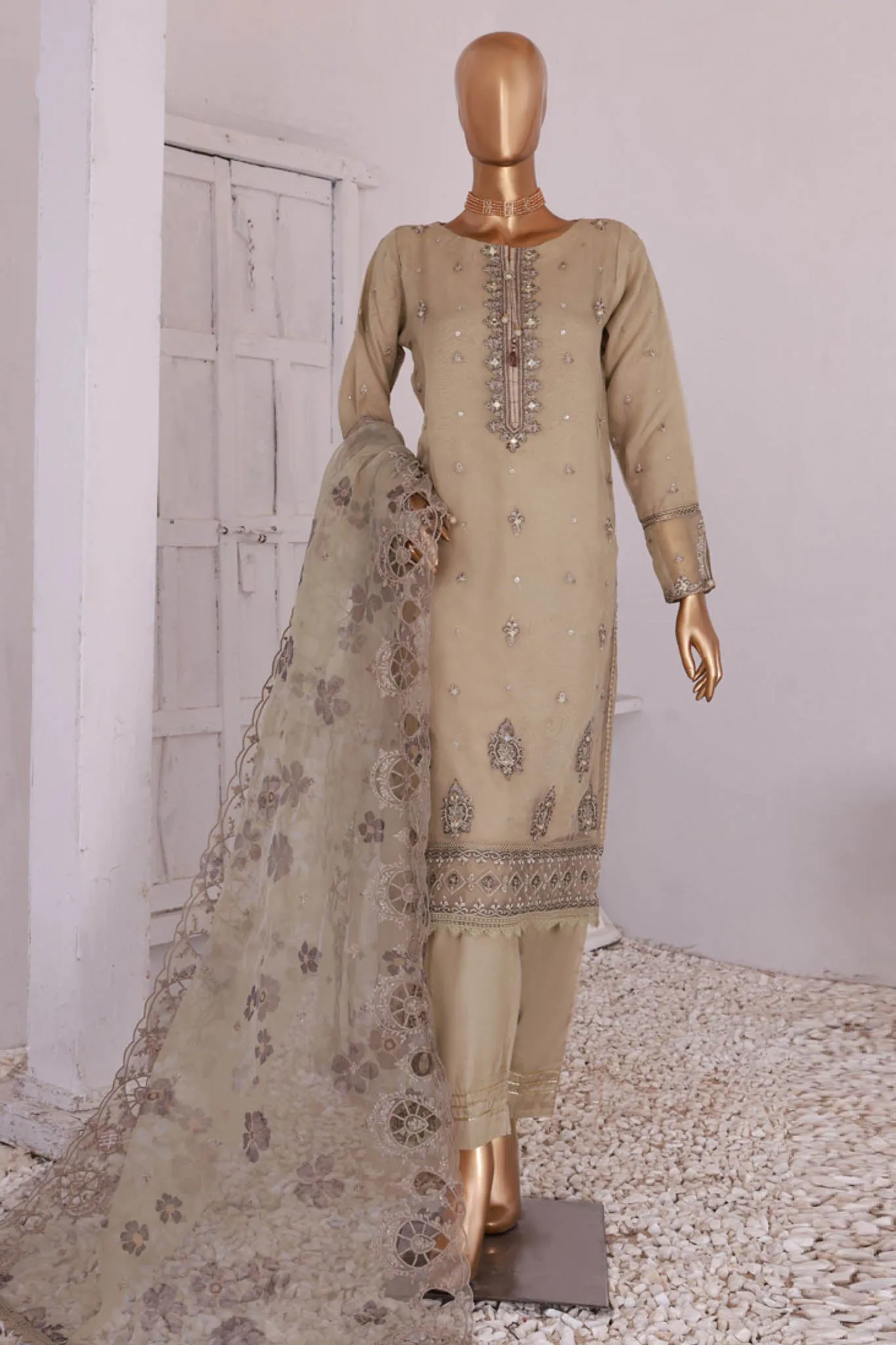 Luxe Pret By HZ Stitched 3 Piece Emb Organza Formals Collection'2024-HZK-161-Beige