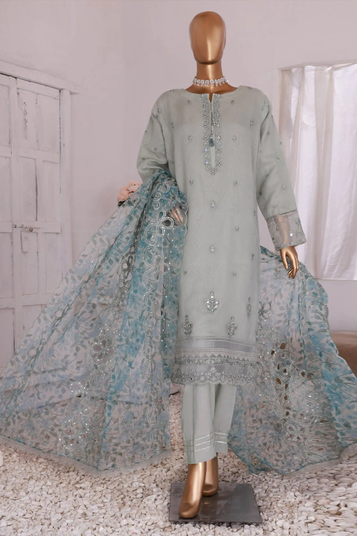 Luxe Pret By HZ Stitched 3 Piece Emb Organza Formals Collection'2024-HZK-163-Mint