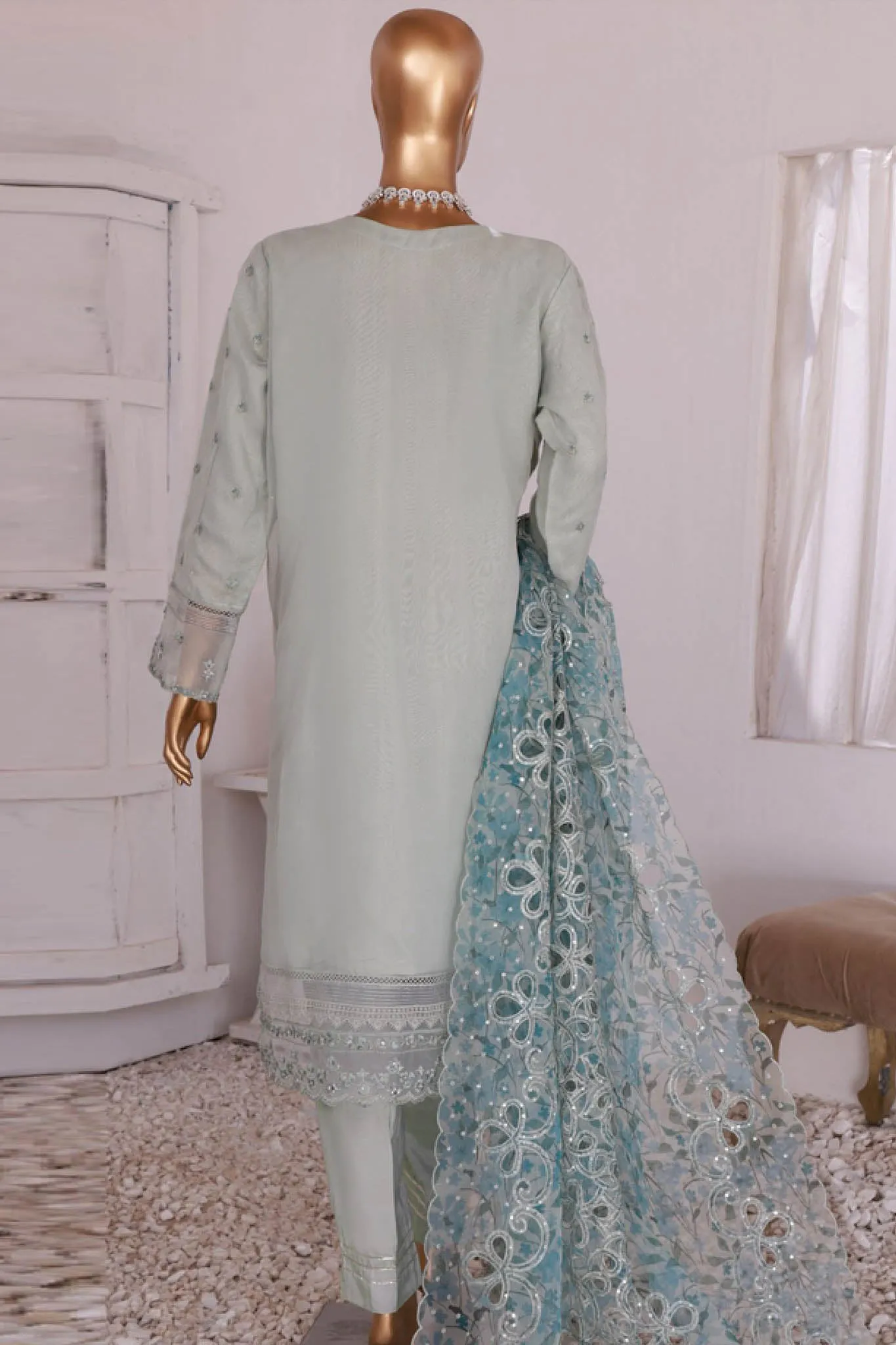 Luxe Pret By HZ Stitched 3 Piece Emb Organza Formals Collection'2024-HZK-163-Mint