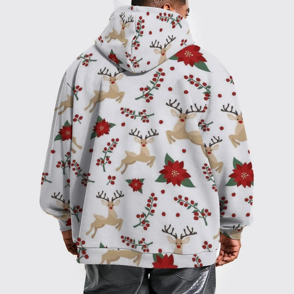 Mens Christmas Reindeer Graphic Pullover With Kangaroo Pocket Hoodies