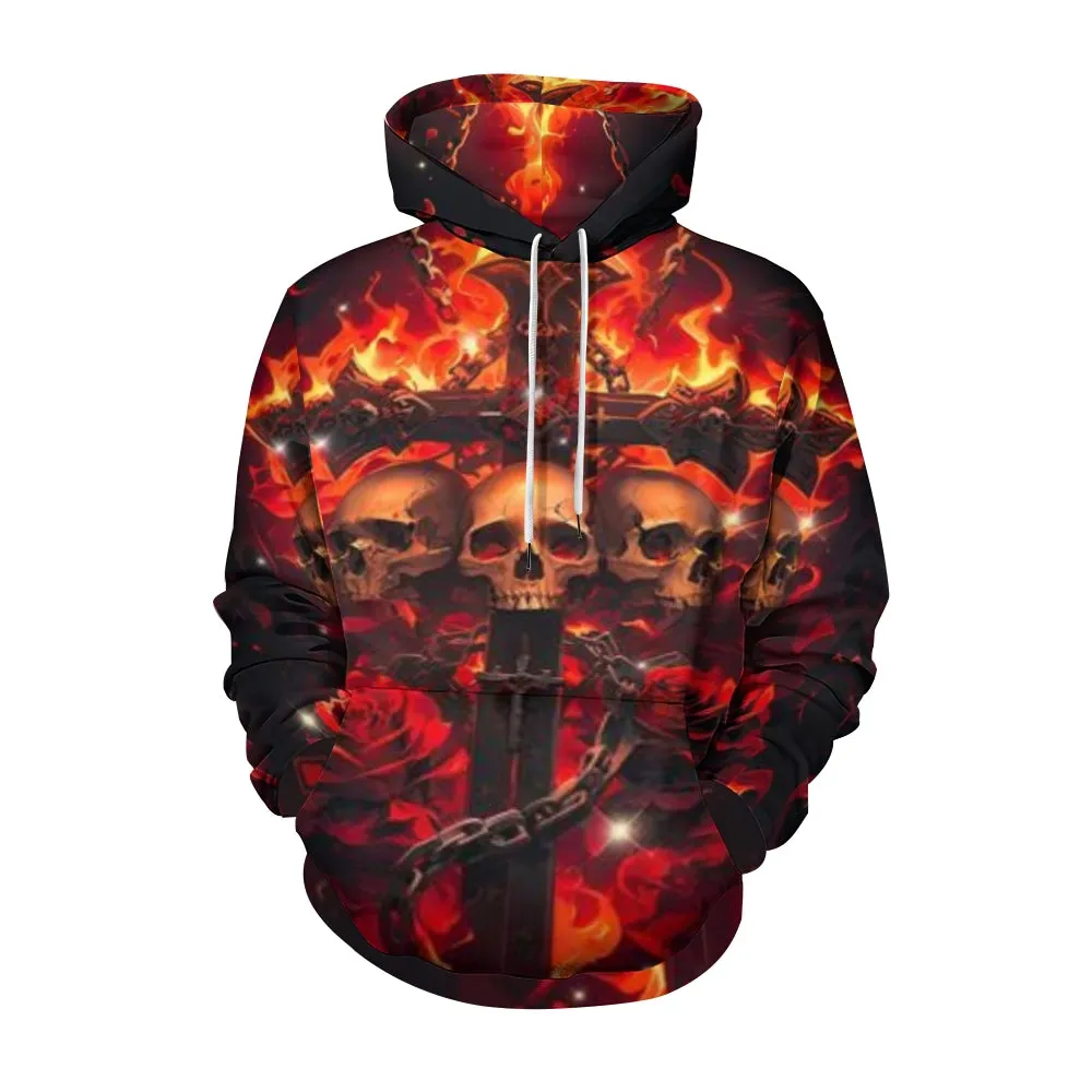 Mens Halloween Fire Skull with Roses 3D Print Hoodies