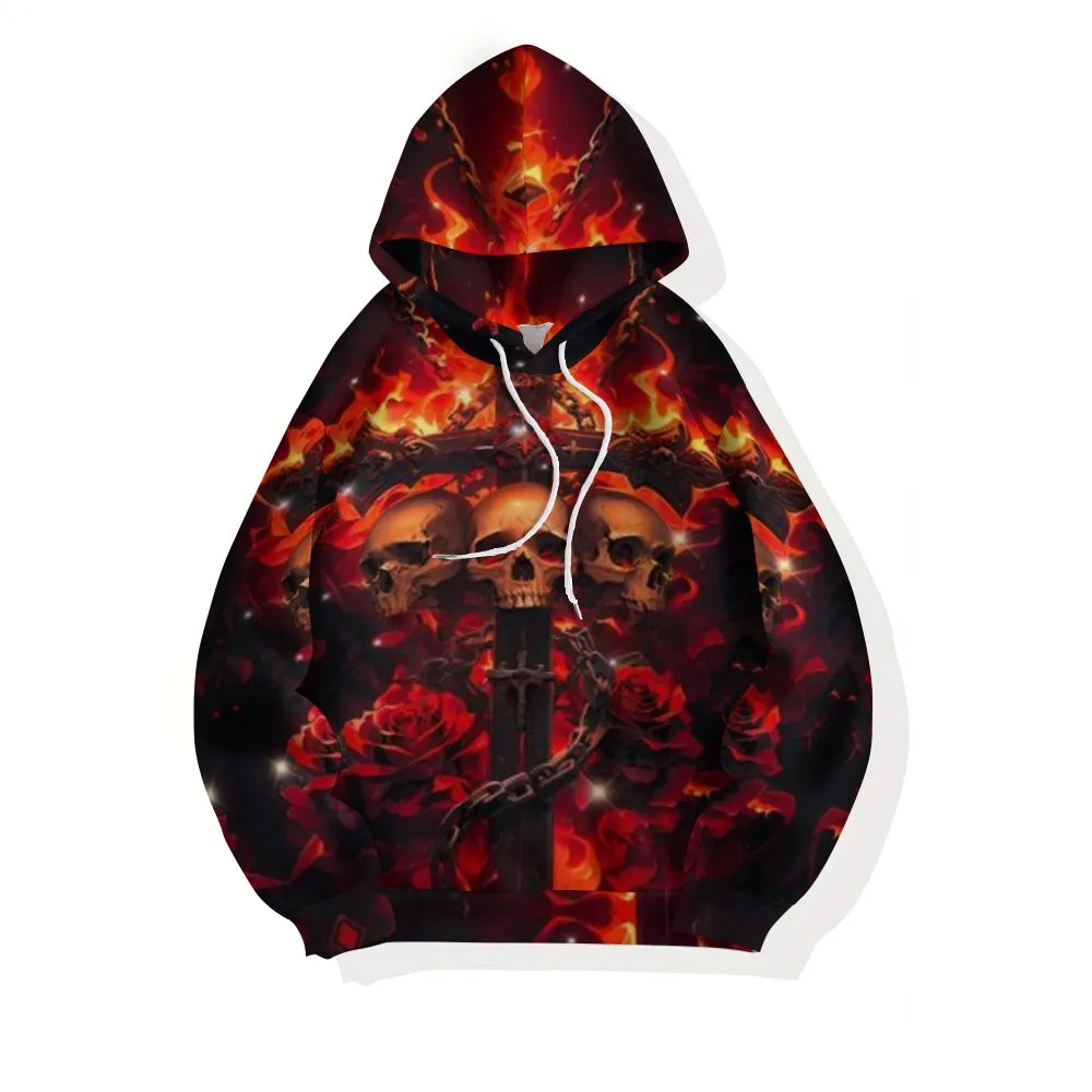 Mens Halloween Fire Skull with Roses 3D Print Hoodies