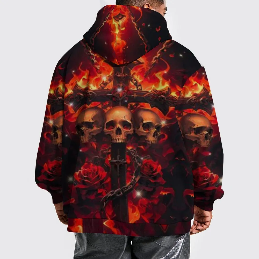 Mens Halloween Fire Skull with Roses 3D Print Hoodies