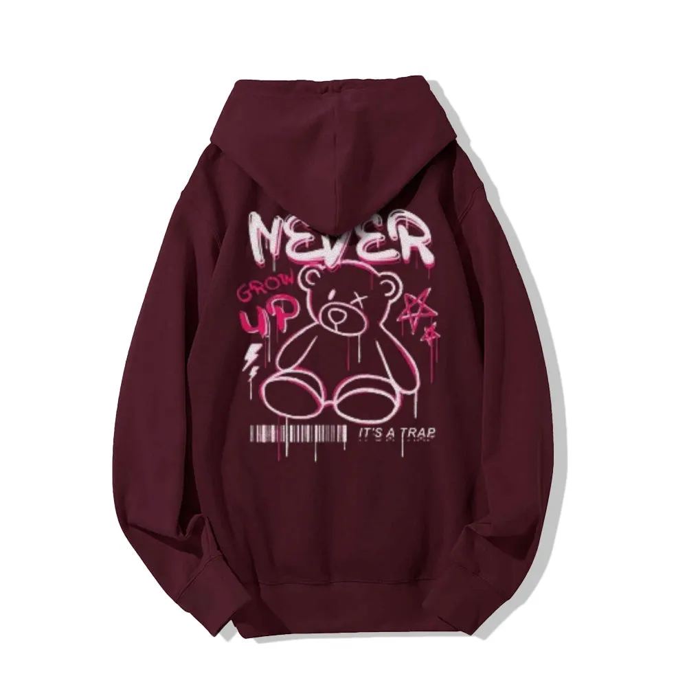 Mens NEVER GROW UP Bear Graphic Hoodies