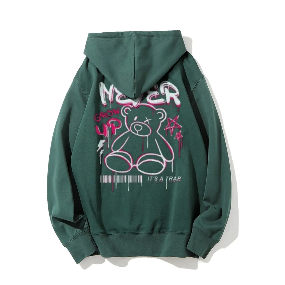 Mens NEVER GROW UP Bear Graphic Hoodies