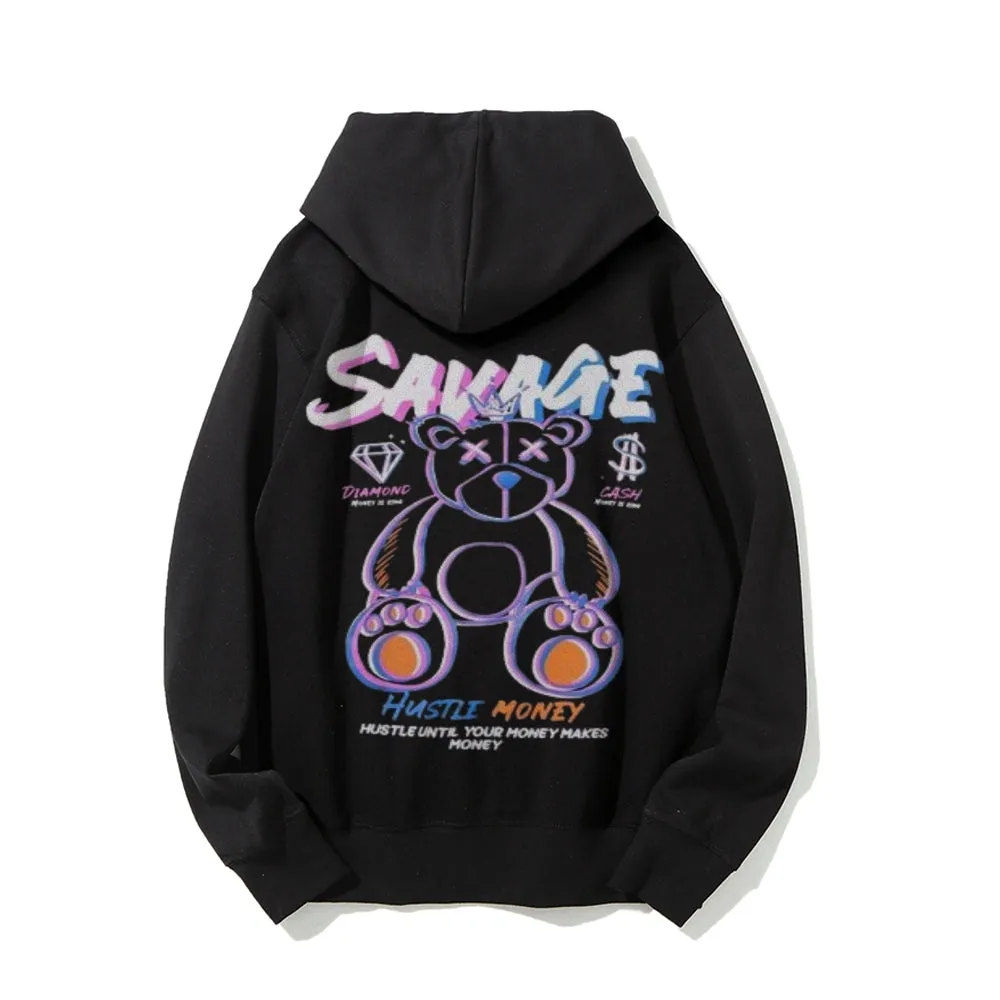 Mens Savage Hustle Money Bear Graphic Hoodies