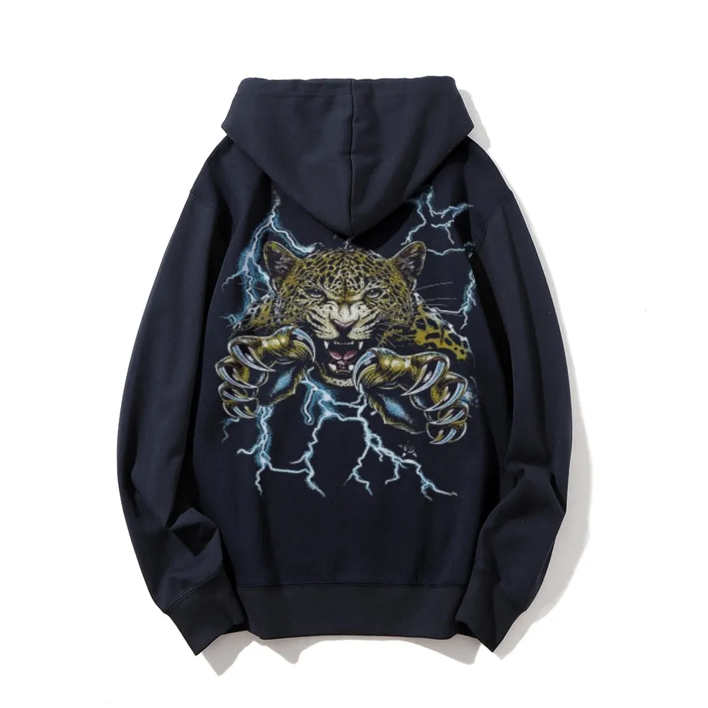 Mens Vintage Fierce Leopard Darkness Style Print Graphic Pullover With Kangaroo Pocket Hoodies