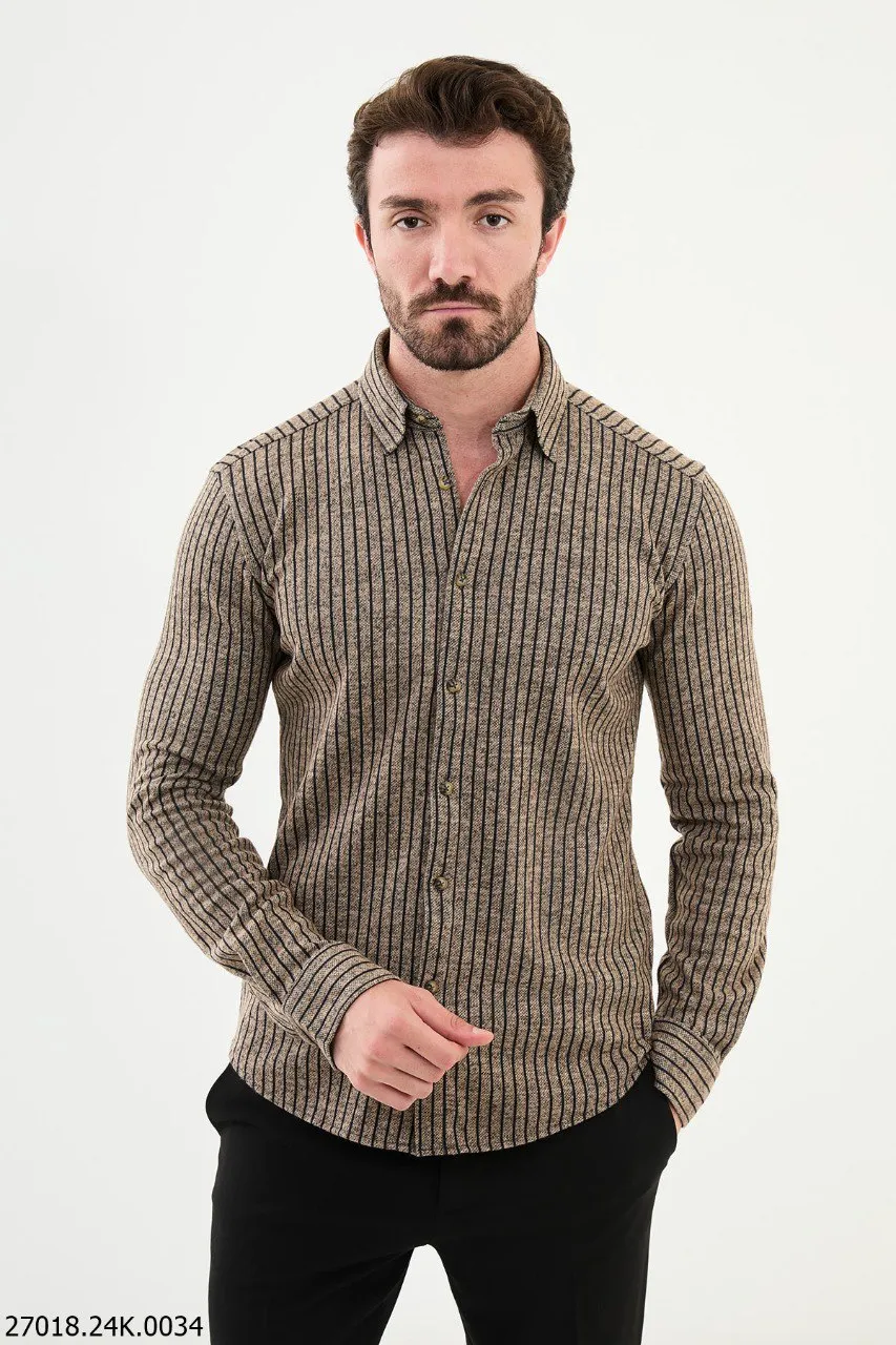 Men's Vizon Brown Textured Long-Sleeve Shirt.