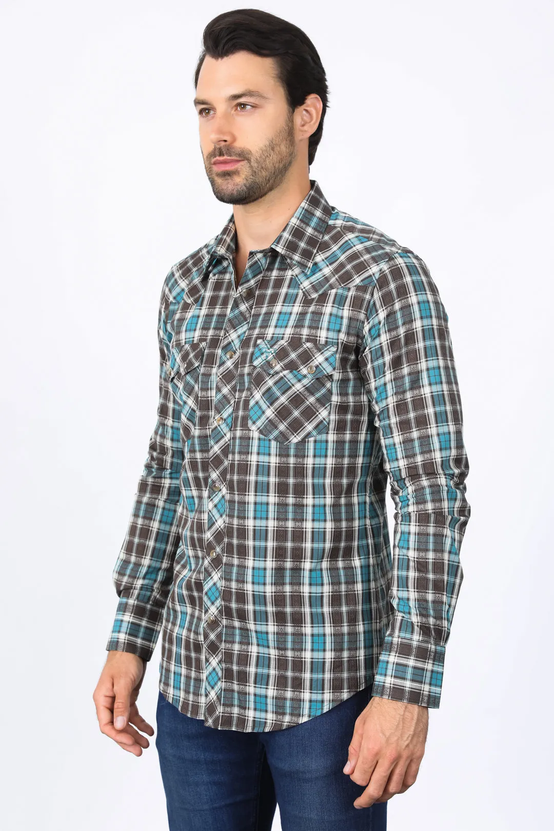 Mens Western Checkered Teal Long Sleeve Shirts