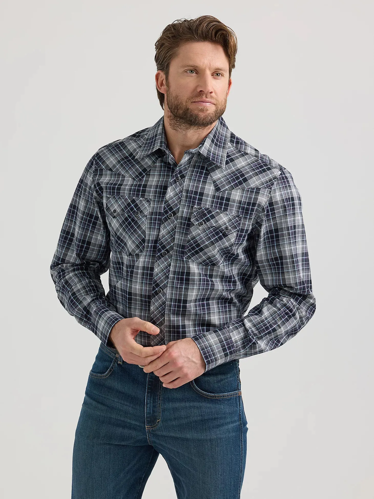 Men's Wrangler Retro Black/Grey Plaid Long Sleeve Snap Shirt