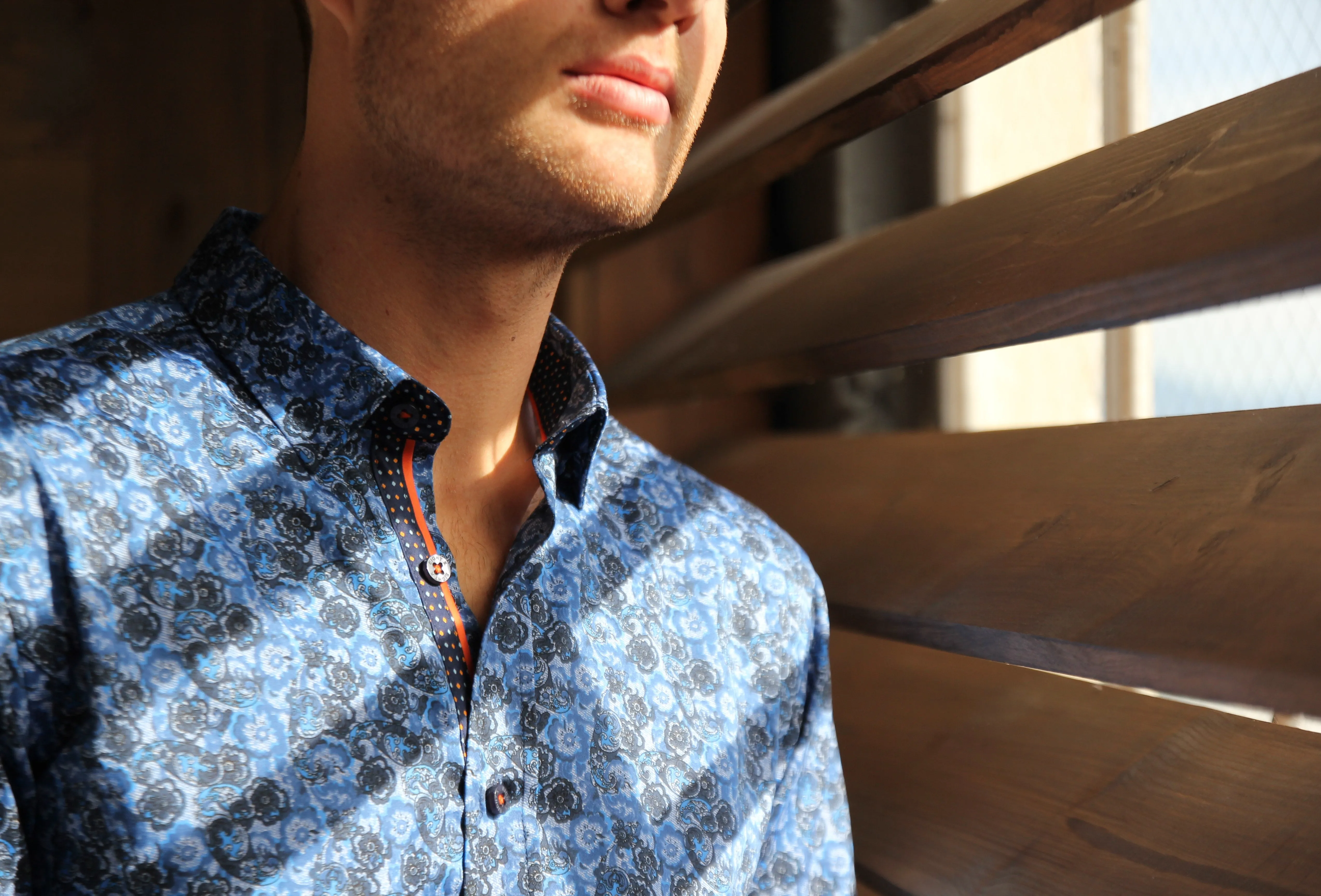 Navy Button Down Paisley Print Shirt W/ Dot Trim