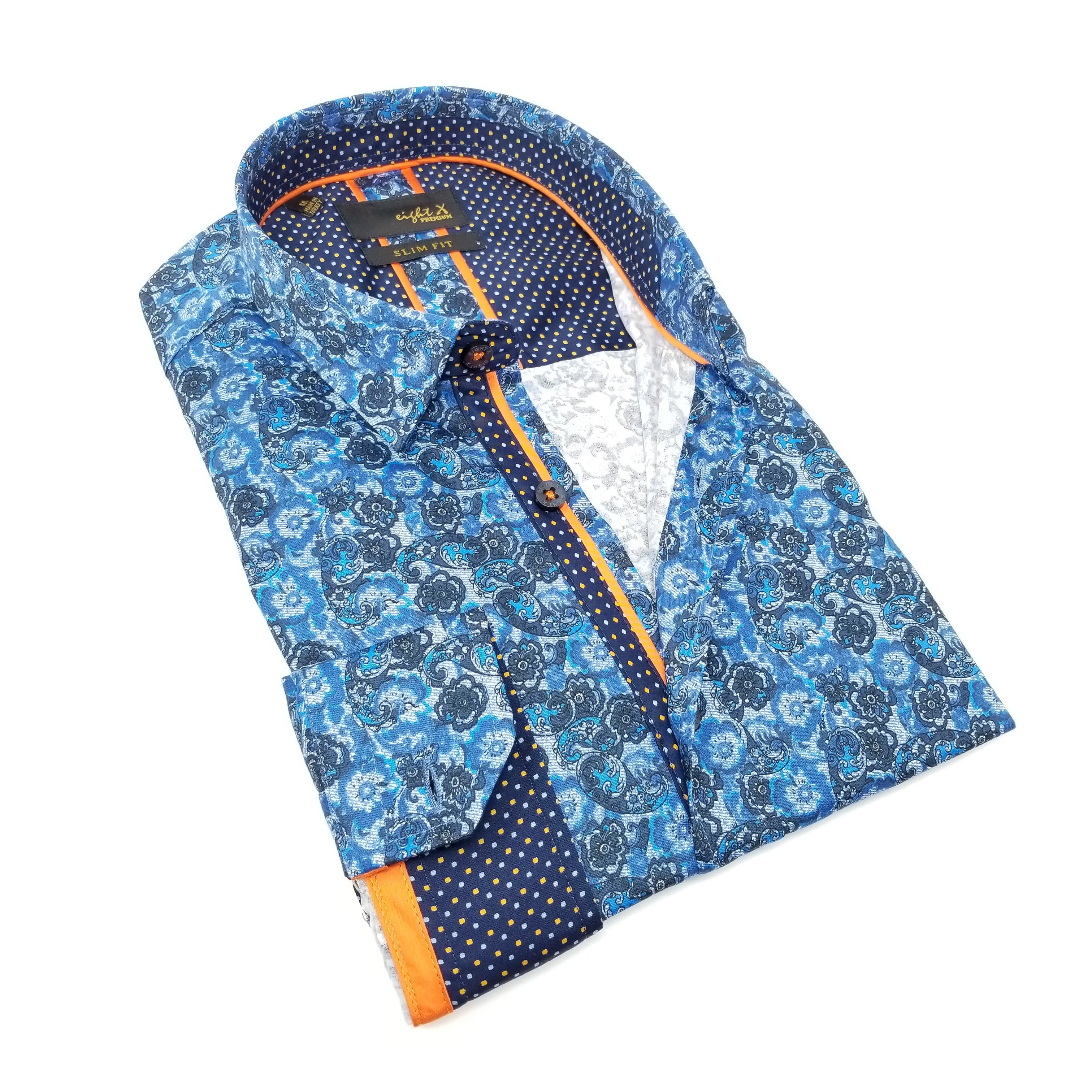 Navy Button Down Paisley Print Shirt W/ Dot Trim