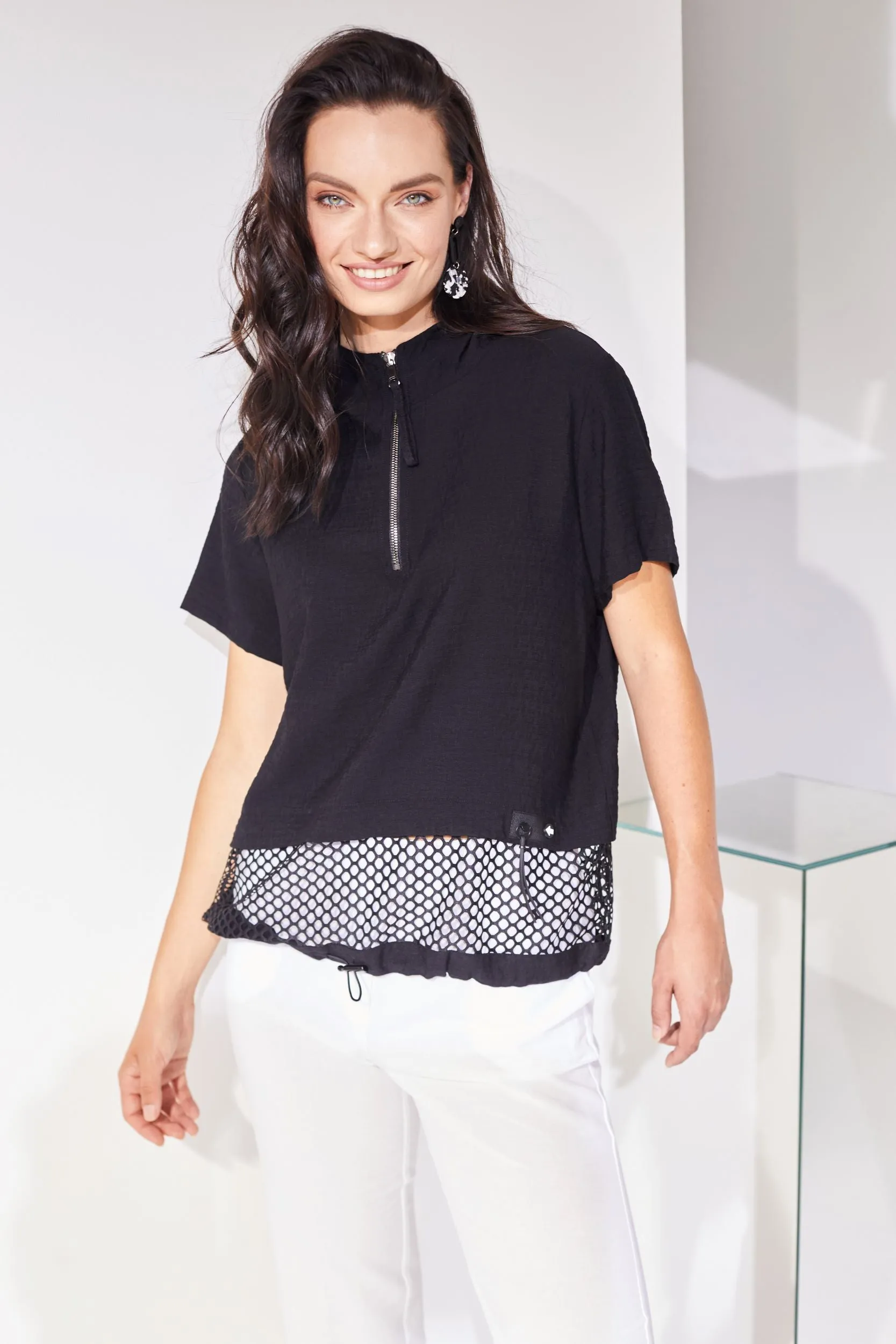 Naya Black Zip neck top with Mesh Panel Nas24116