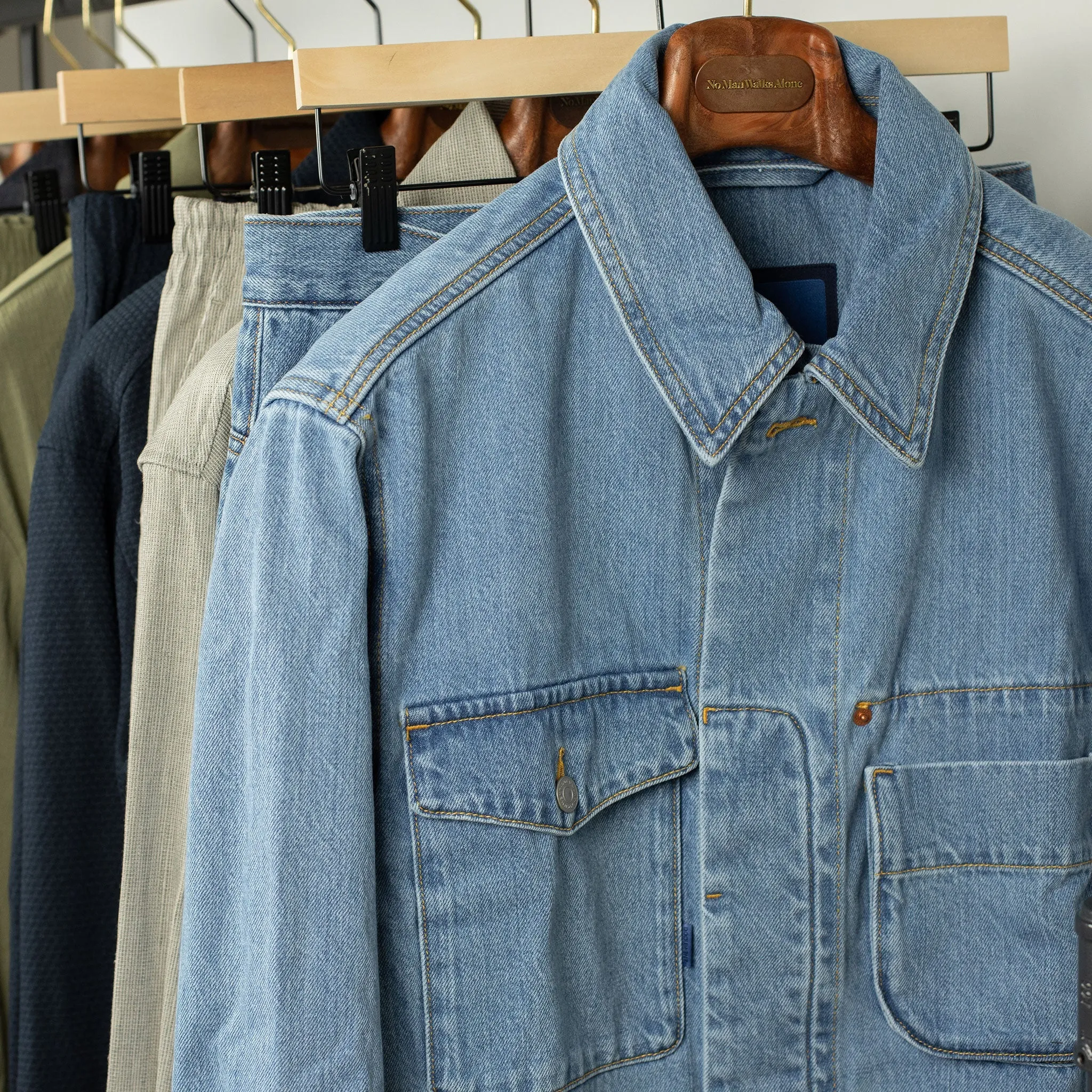 Patch pocket shirt jacket in Japanese stonewashed denim