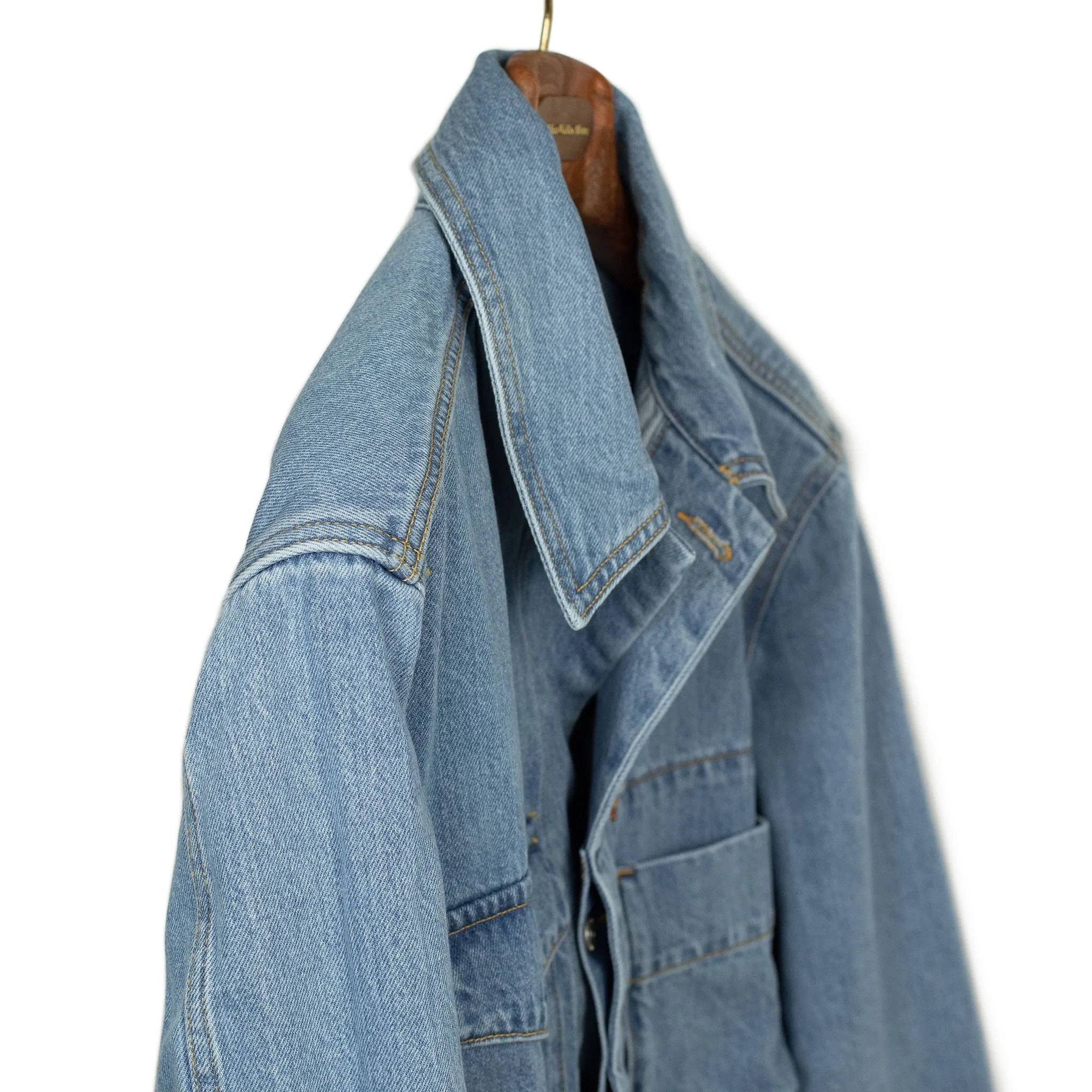 Patch pocket shirt jacket in Japanese stonewashed denim