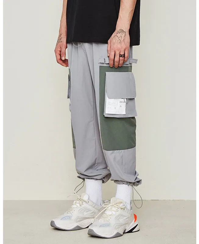 Patchwork Side Pocket Cargo Streetwear Ankle Drawstring Style Men Pants