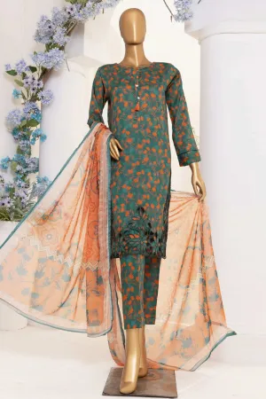 Print & Needle By HZ Stitched 3 Piece Cutwork Printed Lawn Collection'2024-ECL-406-Dark Green