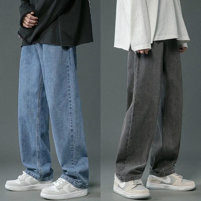 Pure Color Washed Jeans Men's Spring High Street Fashion Brand Baggy Straight Trousers Hong Kong Style Handsome Hip Hop Wide-Leg Casual Pants